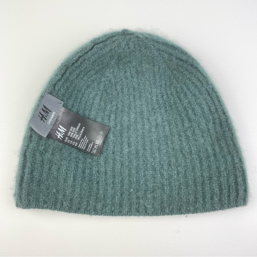 H&M Women's OS 100% Cashmere Ribbed Knit Beanie Hat Fold Over Emerald Green Blue - Picture 5 of 8